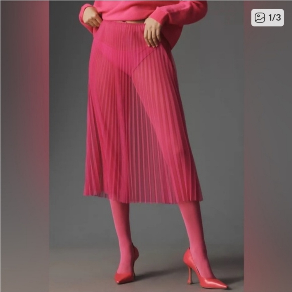 Anthropologie Pink Pleated Sheer Midi Skirt